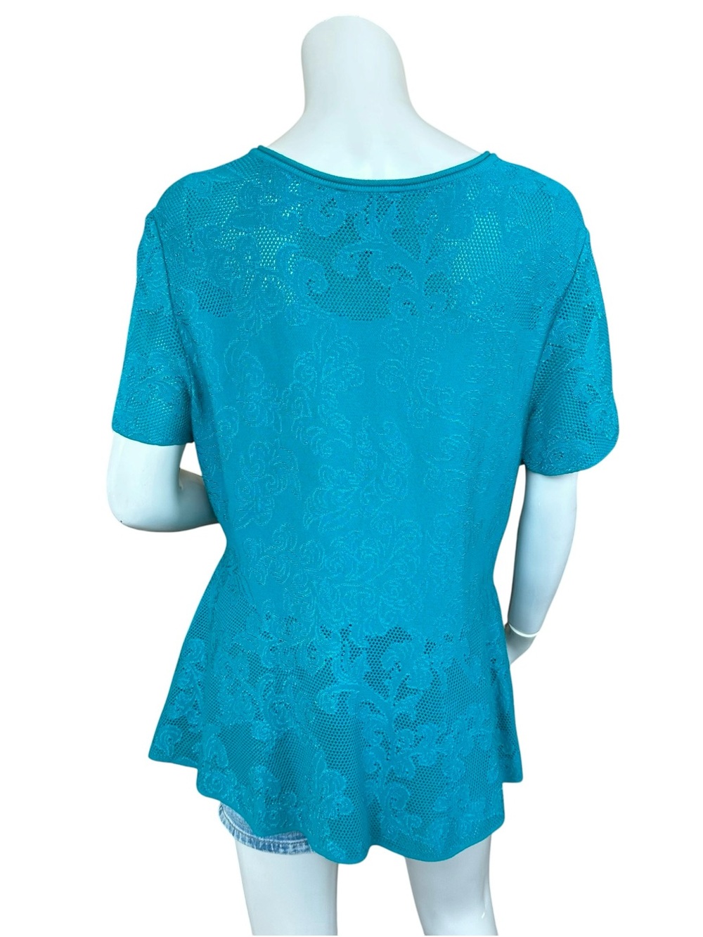 St. John Boutique Teal Jacquard Short Sleeve Peplum Paisley Blouse Size XL - Picture 8 of 11